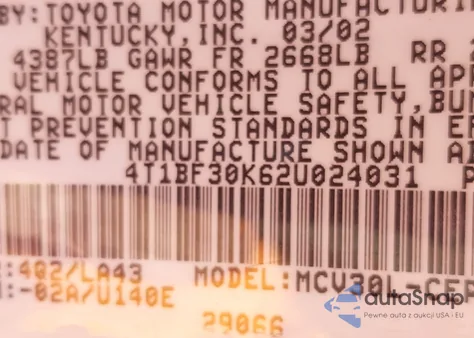 2002 Toyota Camry Xle V6 from USA, damaged, VIN 4T1BF30K62U024031